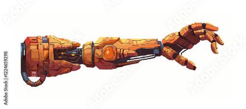 Futuristic robotic arm in pixel art style vector design.