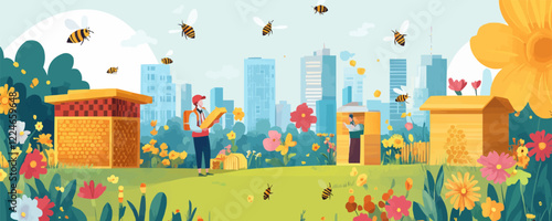 Vector bee apiary with urban skyline and vibrant flowers.