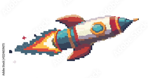 Retro pixel art rocket vector design with dynamic elements.