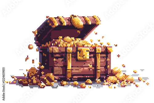 Retro pixel art vector of treasure chest overflowing with gold coins.