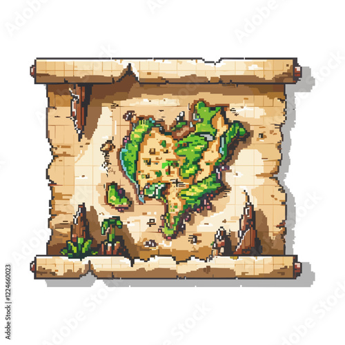 Vintage vector pixelated treasure map adventure design.
