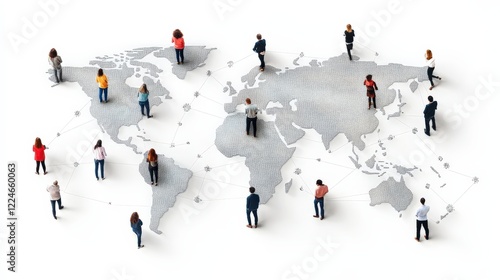 Diverse group of people connecting globally on a world map with digital network lines