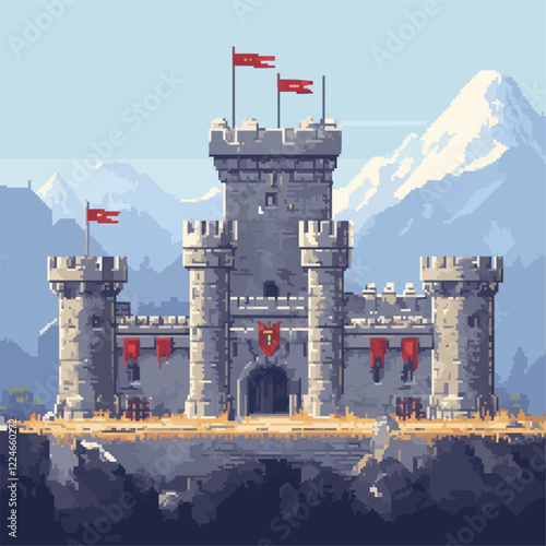 Majestic castle vector with mountainous background and red flags.