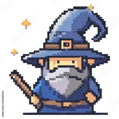 Vector pixel art wizard with wand and blue hat.