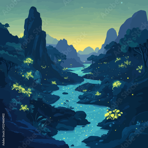 Enchanting river valley at twilight in vector art.