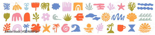 Colorful vector set of abstract summer doodles, organic shapes and forms. Hand drawn Matisse ocean collection. Modern elements in trendy minimalist style for social media banners