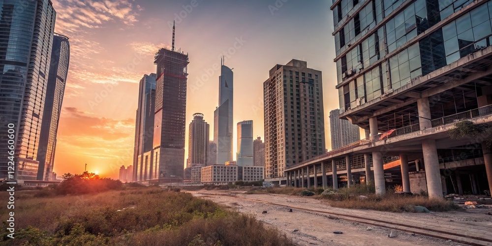 Fototapeta premium Futuristic Glass Skyscrapers Sunset Cityscape - Optimistic Urban Exploration Stock Photo