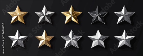 Vector metallic star set: gold and silver decorative stars on black background.