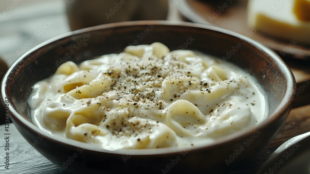 Creamy tortellini with alfredo sauce and black pepper in a shallow dish. Creamy tortellini with alfredo sauce and black pepper in a shallow dish.