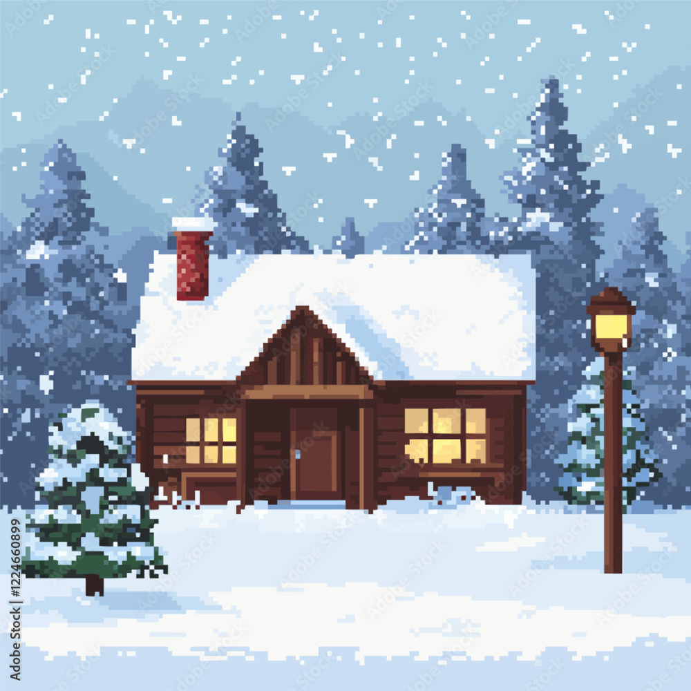 Fototapeta premium Cozy winter cabin vector amid snowy forest scene with falling snow.