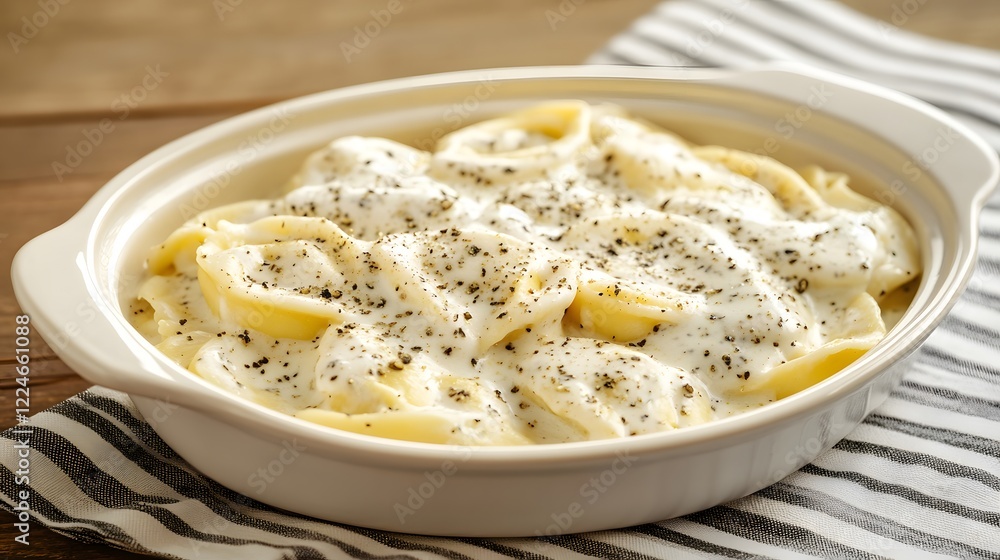 Creamy tortellini with alfredo sauce and black pepper in a shallow dish. Creamy tortellini with alfredo sauce and black pepper in a shallow dish.