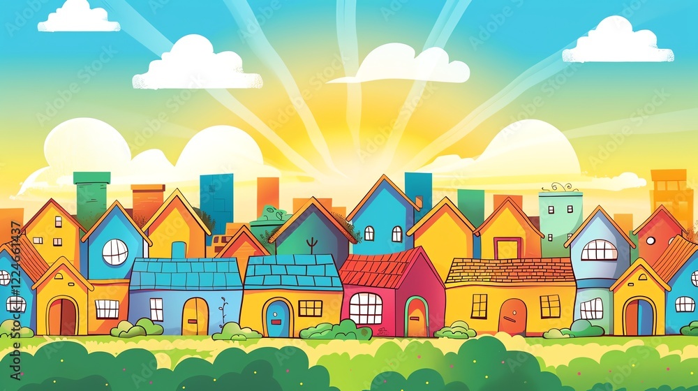 A cartoon illustration of a colorful town with a sunny sky and clouds. A cartoon illustration of a colorful town with a sunny sky and clouds.