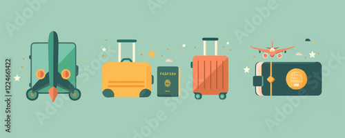 Vector travel essentials: airplane, luggage, passport, and ticket design.