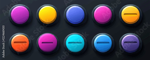 Vector colorful buttons on dark background for game design.