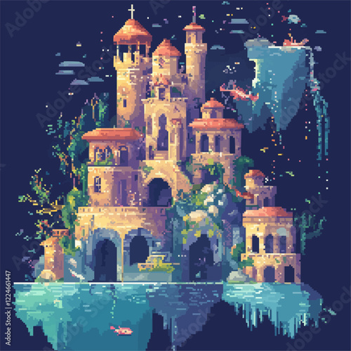 Fantasy castle vector with pixel art style.