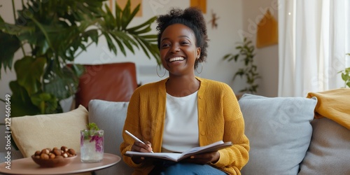 A heartening moment of a woman noting her progress in a notebook with a contented smile. photo