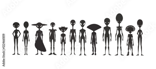 Vector silhouettes of diverse alien characters.