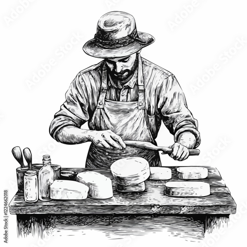 Vector art of artisan cheesemaker at work in rustic setting.