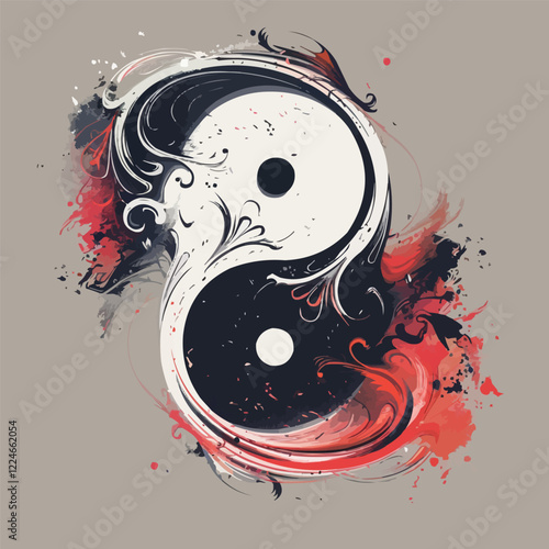 Dynamic vector yin yang art with flowing red and black elements.