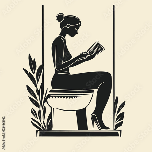 Simple Block Print of An Adult Reading on High Commode
