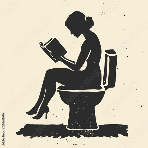 Simple Block Print of An Adult Reading on High Commode