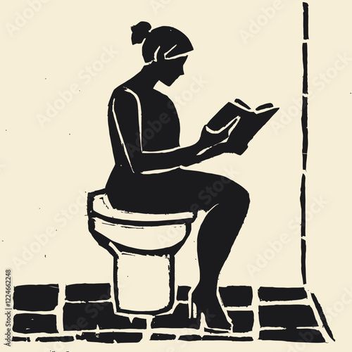 Simple Block Print of An Adult Reading on High Commode