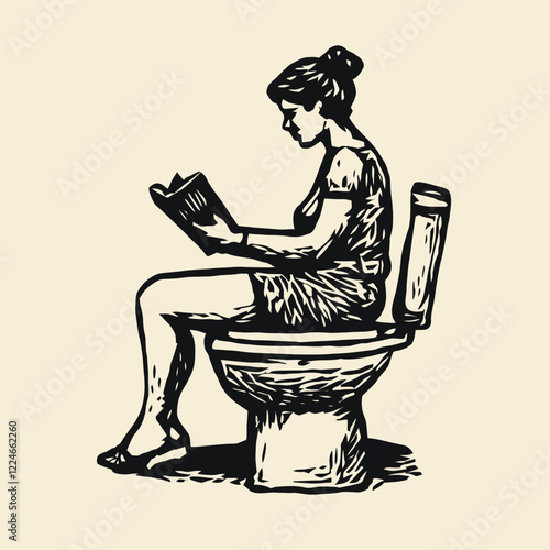 Simple Block Print of An Adult Reading on High Commode