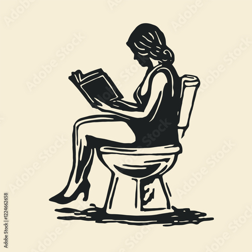 Simple Block Print of An Adult Reading on High Commode
