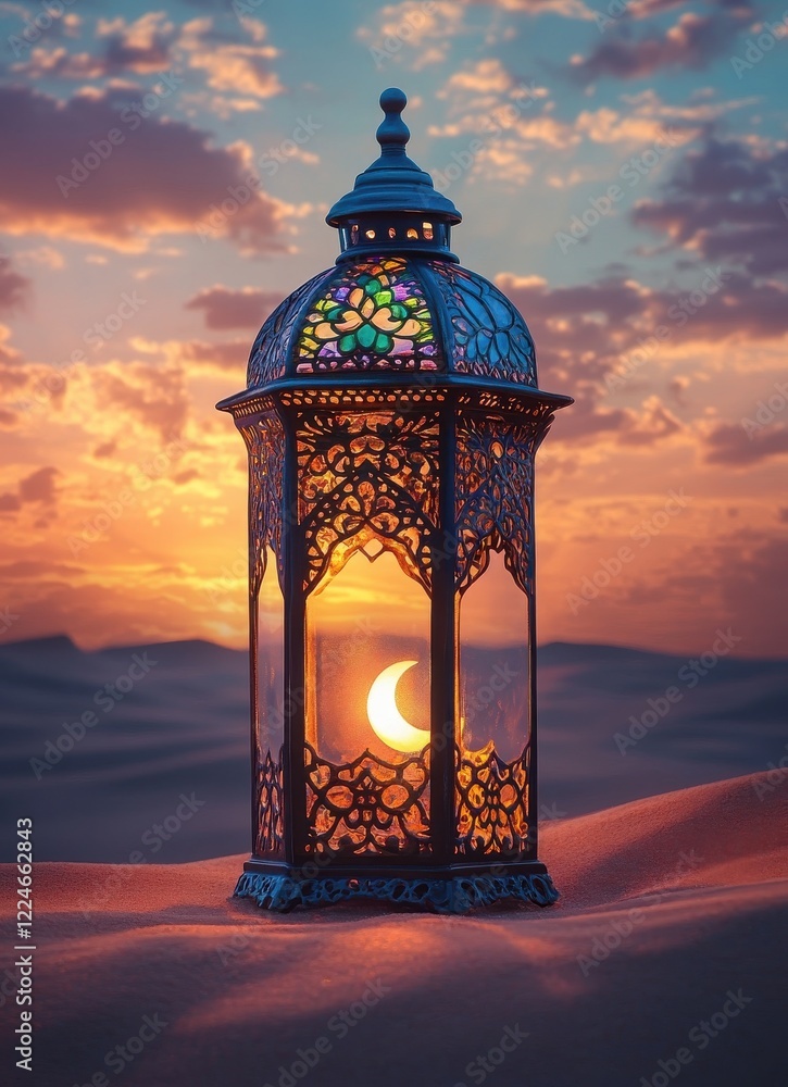 Decorative Lantern Illuminating Sunset in Desert Landscape Scene Decorative Lantern Illuminating Sunset in Desert Landscape Scene