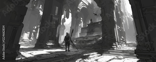 Vector art of fantasy ruins with adventurer and dramatic lighting.