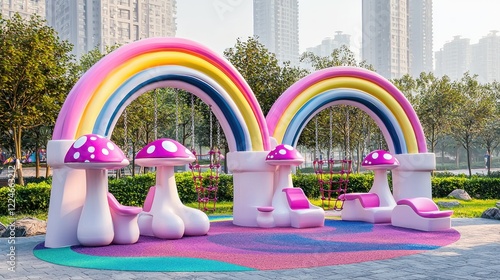 Rainbow arch playground seating, urban park, sunrise photo