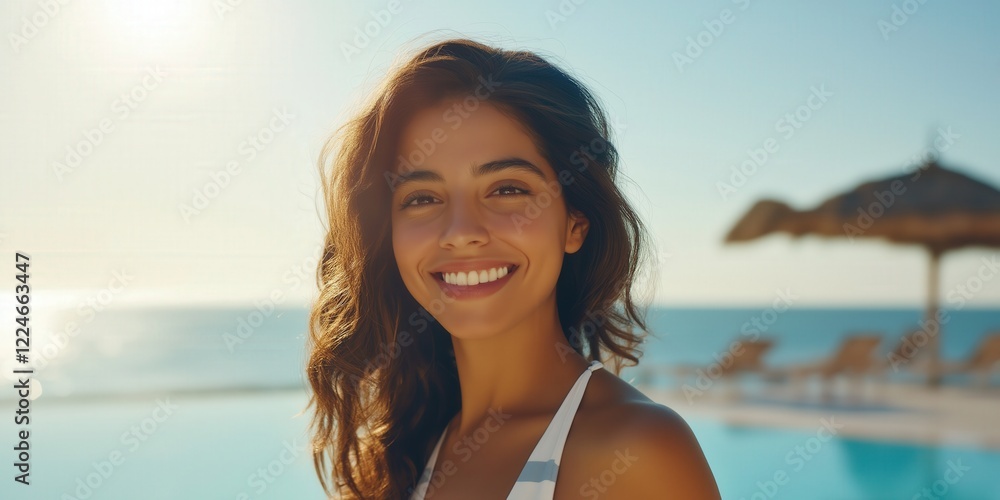 Smiling Young Woman Enjoying a Sunny Day by the Beachside Pool Smiling Young Woman Enjoying a Sunny Day by the Beachside Pool