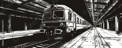 Black and white vector art of train in industrial station.