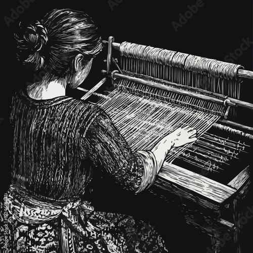 Vector art of woman weaving on loom: traditional textile craft scene.