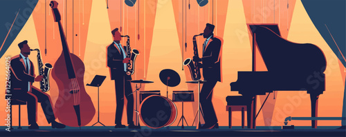 Jazz band performing vector with instruments on stage.