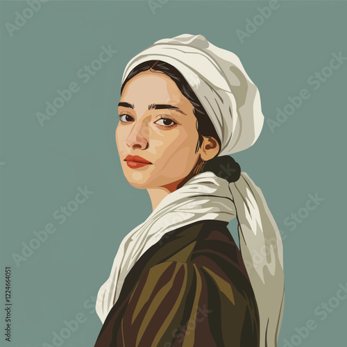 Vector portrait of a woman in traditional headscarf with neutral background.