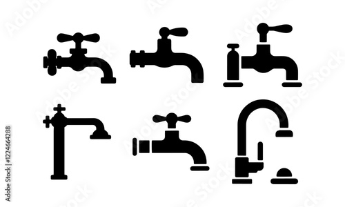 Fauced icons collection. Water fauced or tap icon. Kitchen water faucet or sink sign. Water flows from the faucet symbol. Drinking water company symbol for apps and websites, vector illustration