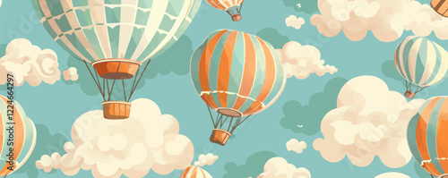 Vector design of colorful hot air balloons in a cloudy sky.