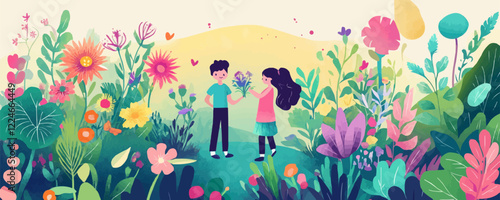 Colorful vector of two children in a vibrant garden.