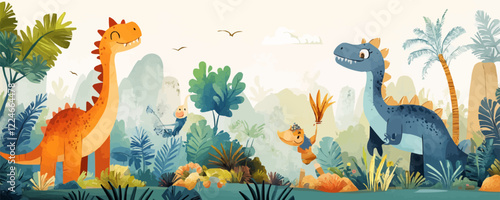 Vector art of playful dinosaurs and explorers in a jungle setting.