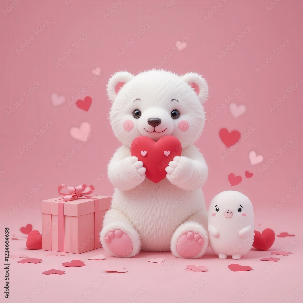 A heartwarming illustration features a fluffy white teddy bear holding a red heart A heartwarming illustration features a fluffy white teddy bear holding a red heart