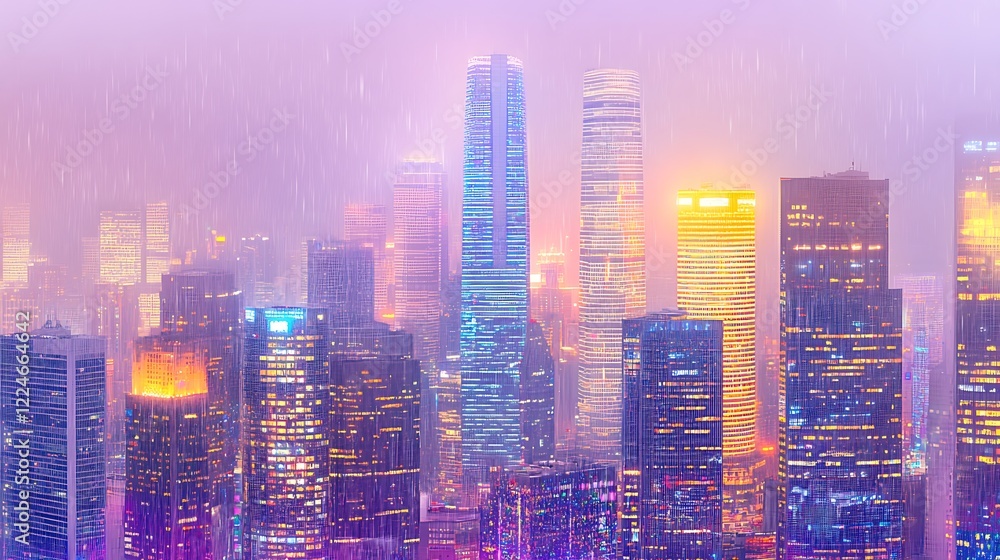 Obraz premium Cityscape at dusk, rain, purple mood. For backgrounds