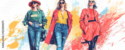 Fashionable women in trendy outfits on colorful abstract vector background.