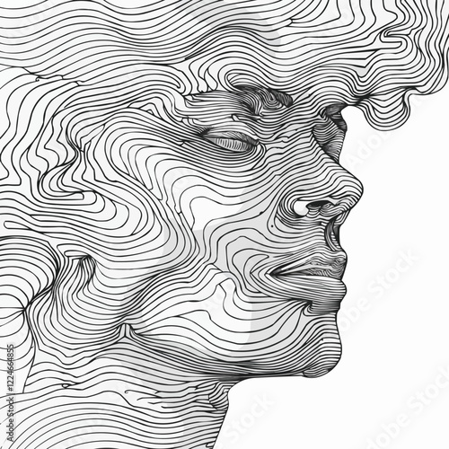 Abstract vector art of a human face with wavy line patterns.