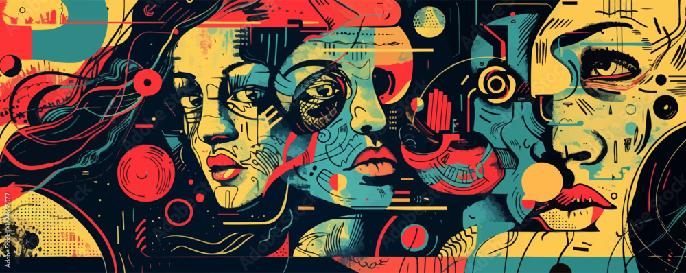 Fototapeta premium Vibrant vector art of abstract faces with geometric design elements.