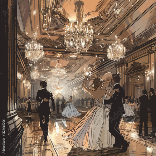 Elegant ballroom dance scene in vector art style.