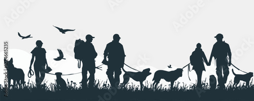 Vector silhouette of people and dogs walking in nature with birds.