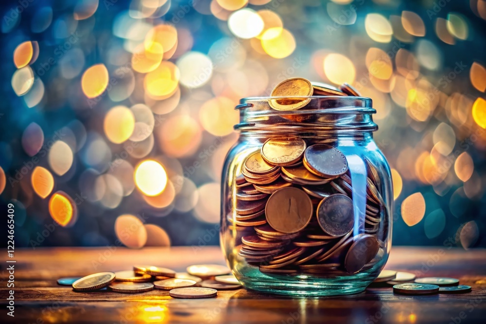 Glass Jar Filled with Shiny Coins: Savings, Financial Growth, Budget Glass Jar Filled with Shiny Coins: Savings, Financial Growth, Budget