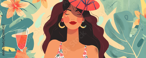Summer vibes vector: relaxed woman with cocktail amidst tropical foliage.