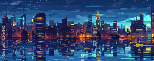 Vibrant city skyline at night vector art with reflective water.